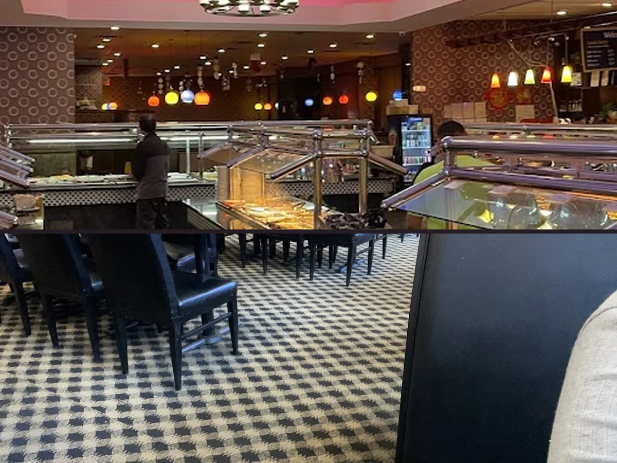 Buffet counters with hot dishes and trays