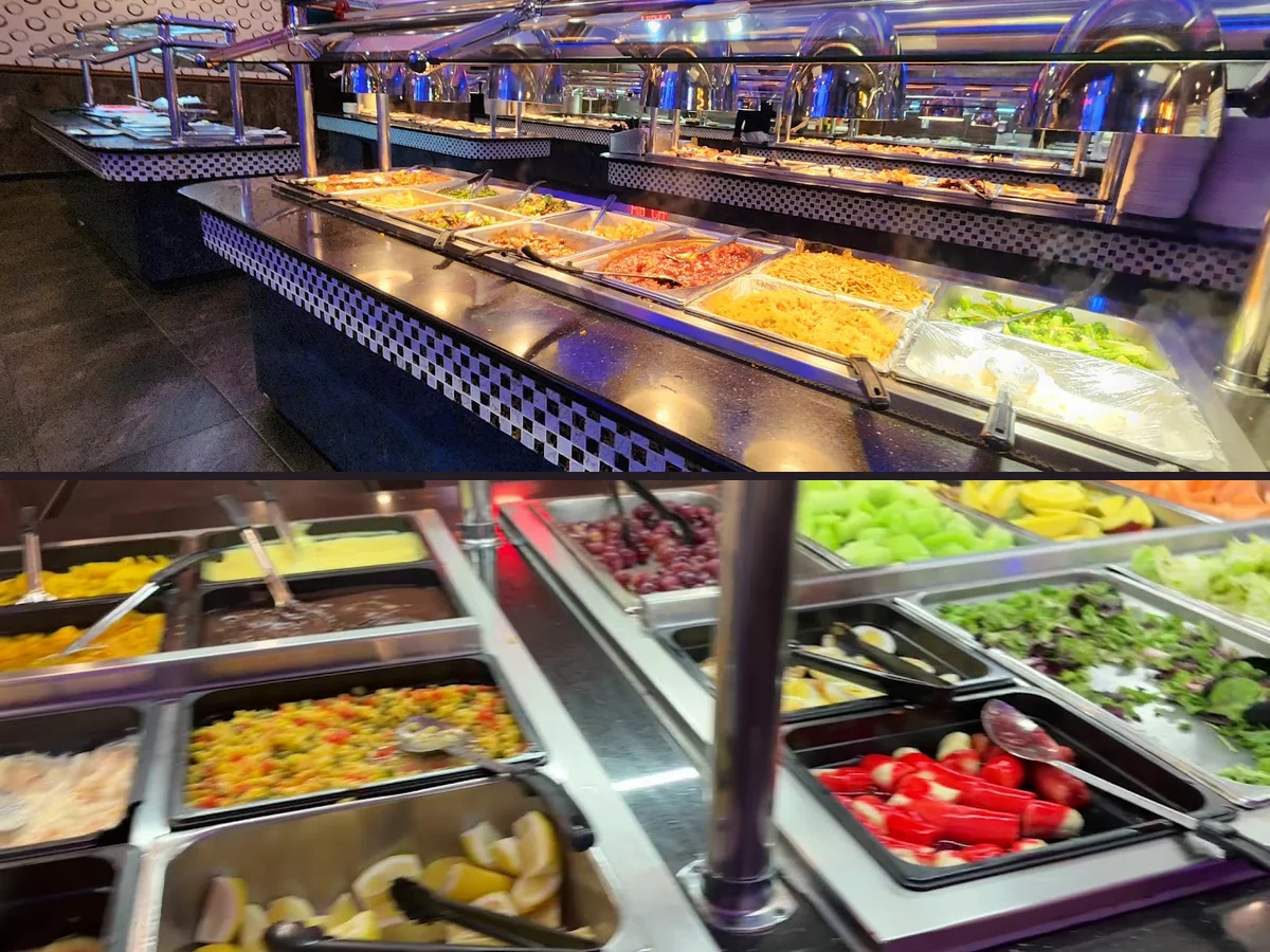 Sushi and hibachi stations under bright lights