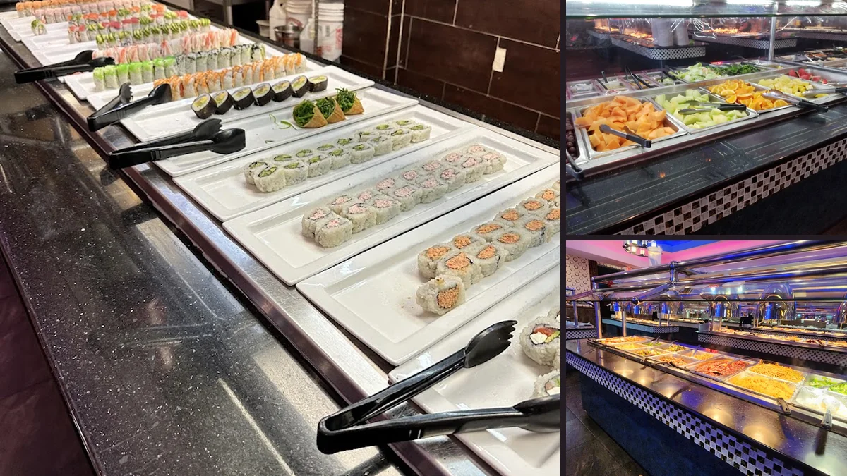 Buffet counters with hot dishes and trays