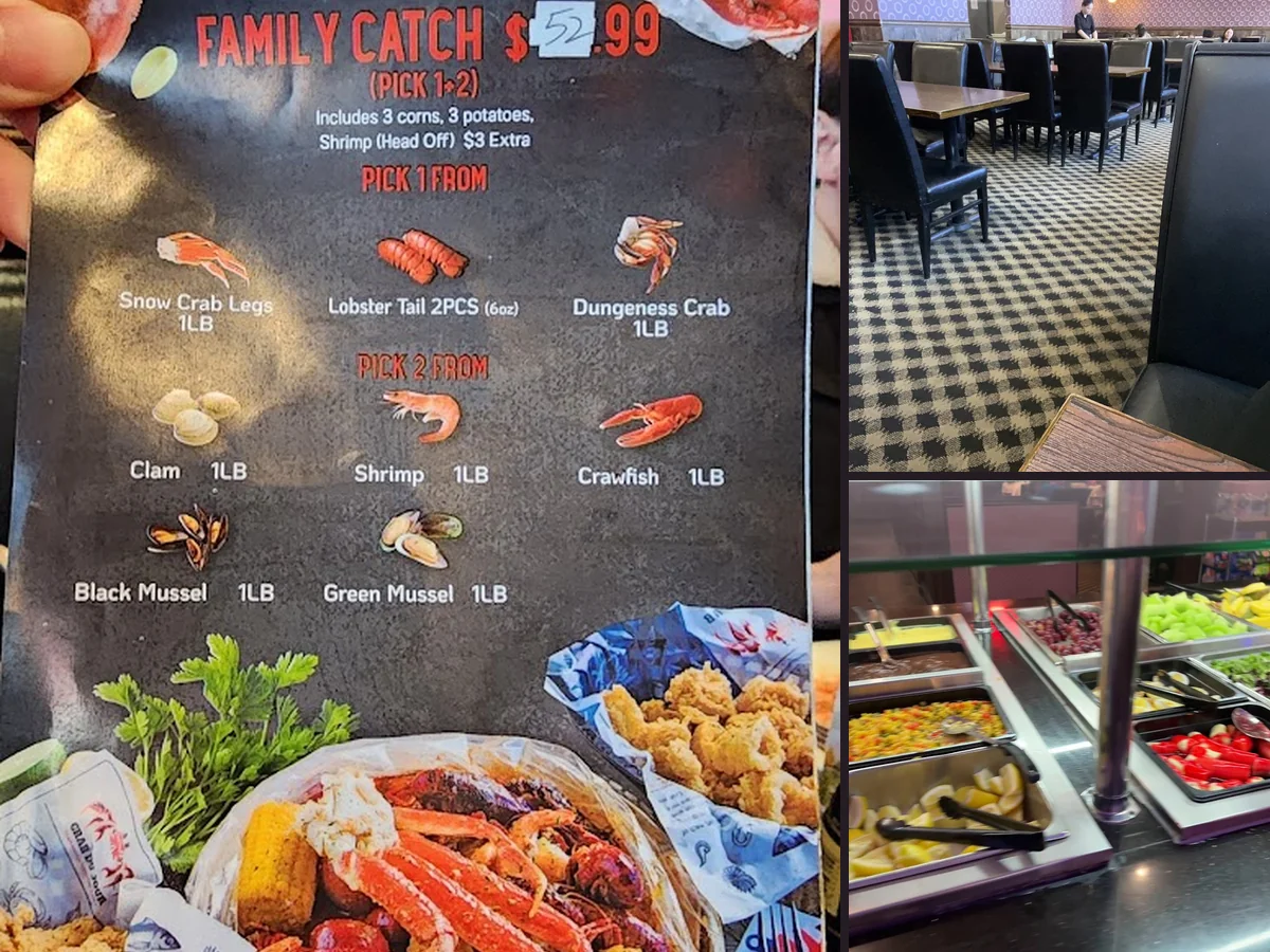 Sushi and hibachi stations under bright lights