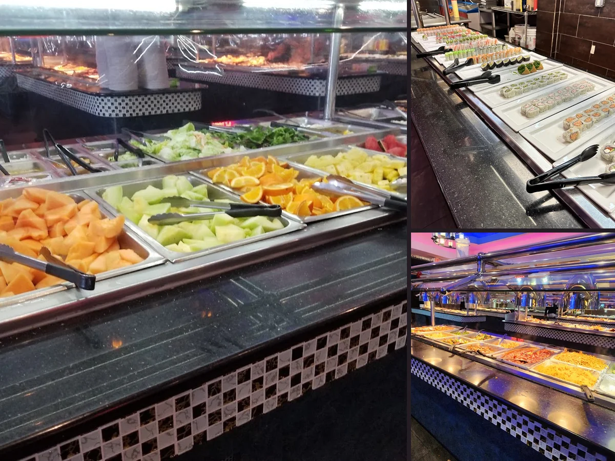 Dessert case beside a busy buffet line