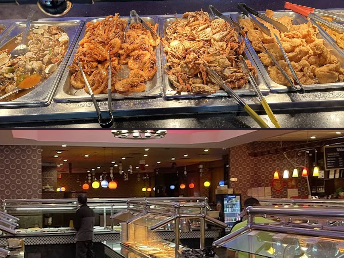 Buffet counters with hot dishes and trays