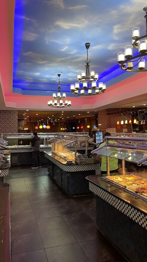 Wide view of a casual buffet restaurant